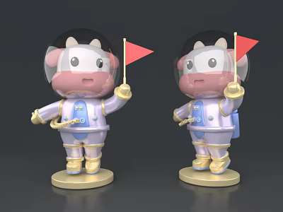 Cartoon Cow Astronaut Sculptures With Transparent Helmet Red Flag Purple Gold Costume And Base 3d model