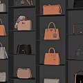 Stylish Handbags Displayed on Black Shelves with Various Colors and Designs