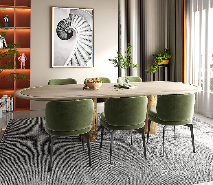 Elegant Modern Dining Table Set With Oval Wooden Top And Six Green Velvet Chairs 3d model 