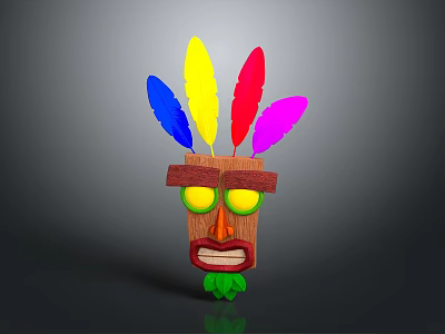 Decorative Ornament Set With Wooden Totem Design Colorful Feathers Green Eyes And Leaf Base 3d model