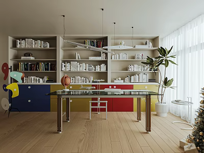 Modern Memphis Study Dopamine Study Bauhaus Bookcase Glass Desk Chandelier 3d model