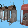 Multiple Vintage Candle Lanterns in Different Colors with Metal Designs on Blue Background