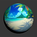 Cartoon Beach Scene With Palm Trees Blue Sky White Clouds And Turquoise Water