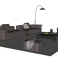 Modern Brown Leather Sofa and Coffee Table Set with Floor Lamp Ottoman and Decorative Items