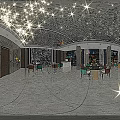 Modern Spacious Restaurant Interior With Dining Tables Colorful Chairs And Pendant Lights
