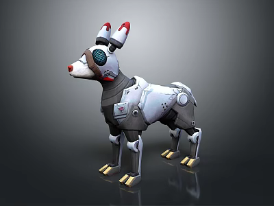 Mechanical Dog Robot Character With White Metal Body And Red Ears 3d model