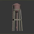 Pink Roofed Water Tower Structure With Wooden Supporting Pillars And Red Ladder