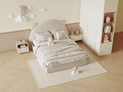 Cozy Kids Room Interior Design With Bear Shaped Bed Rug And Balloon Wall Decor 3d model