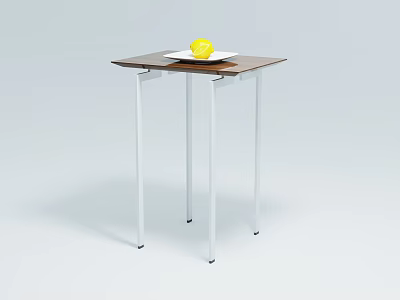 Wooden Brown Coffee Table with Silver Slender Metal Legs and White Plate with Yellow Fruit 3d model