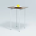 Wooden Brown Coffee Table with Silver Slender Metal Legs and White Plate with Yellow Fruit