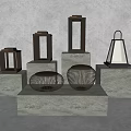 Modern Outdoor Lights With Metal Frames And Glass Shades On Concrete Pedestals