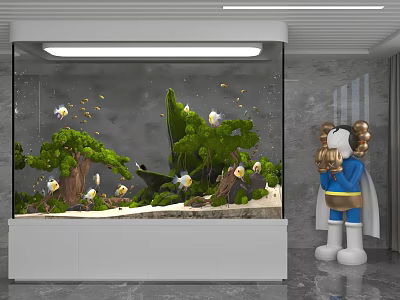 Large Aquarium Setup With Colorful Fish Green Aquatic Plants Driftwood Sand And Blue Cartoon Statue 3d model