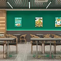 Bright Green Fast Food Restaurant Interior With Menu Screens And Dining Tables