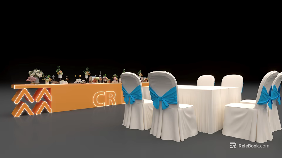 Elegant Event Table And Chairs Setup With White Seats Blue Bows And Orange Backdrop 3d model 