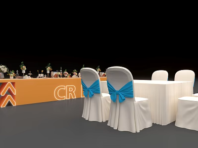 Elegant Event Table And Chairs Setup With White Seats Blue Bows And Orange Backdrop 3d model