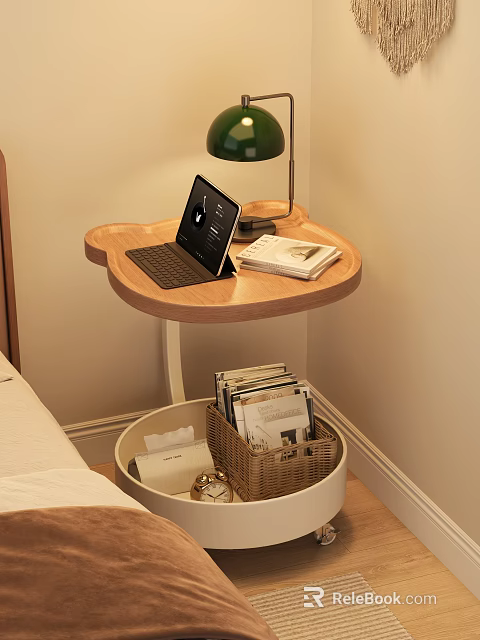 Wooden Three Leaf Clover Shaped Side Table With Laptop Table Lamp Magazines And Storage Basket 3d model 