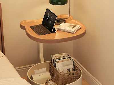 Wooden Three Leaf Clover Shaped Side Table With Laptop Table Lamp Magazines And Storage Basket 3d model
