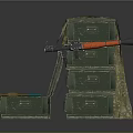 Green Military Crates Stacked With Open Box Camouflage Cloth And Rifle
