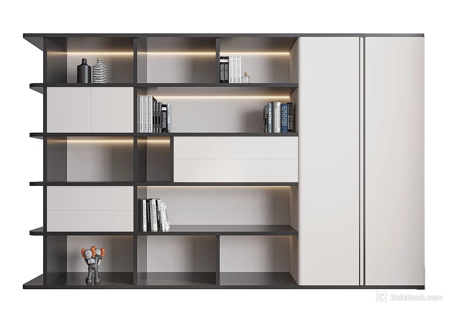 Modern Bookcase Design With Open Shelves Closed Cabinets Books Decorative Items And Lighting 3d model 