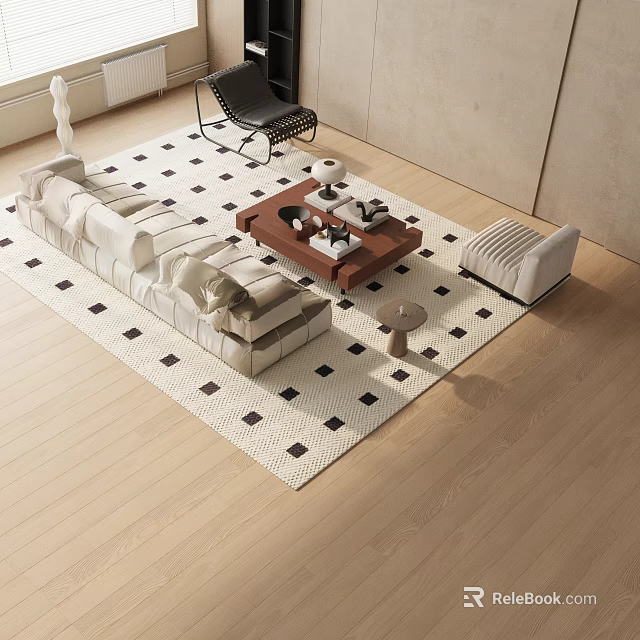 Modern Fabric Sofa and Wooden Coffee Table Set With Geometric Rug and Accent Chair 3d model 