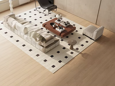 Modern Fabric Sofa and Wooden Coffee Table Set With Geometric Rug and Accent Chair 3d model