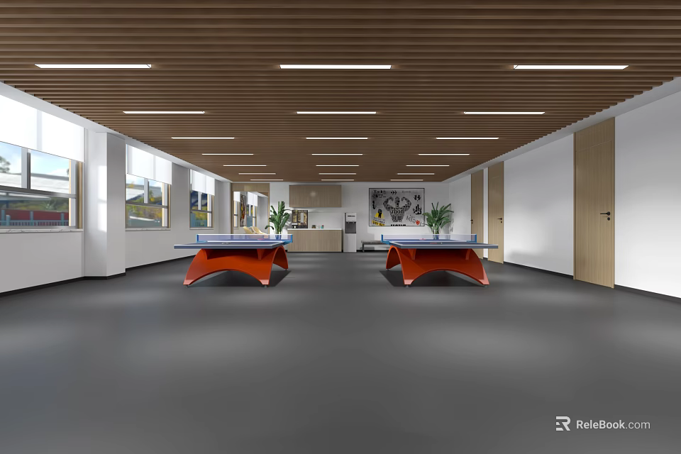 Modern Lounge Area Interior With Wooden Ceiling Red Tables And Green Plants 3d model 
