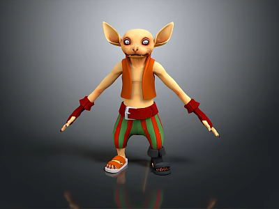 Cartoon Creature With Big Ears Large Eyes Orange Vest Green Red Striped Pants Red Gloves 3d model
