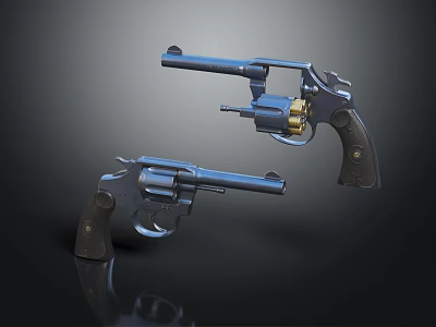 Two Blue Metal Revolvers With Black Grips Shiny Cylinders And Classic Design 3d model
