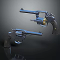 Two Blue Metal Revolvers With Black Grips Shiny Cylinders And Classic Design