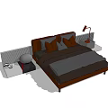 Modern Double Bed with Brown Frame Pillows and Red Table Lamp 3d model