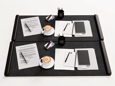 Organized Office Desk Setup With Two Coffee Cups Notebooks Pens And Folders 3d model