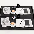 Organized Office Desk Setup With Two Coffee Cups Notebooks Pens And Folders