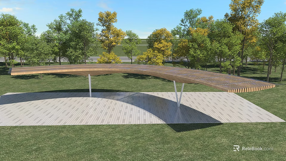 Modern Outdoor Wooden Pergola With Curved Roof Over Stone Paved Floor In Grass Field 3d model 