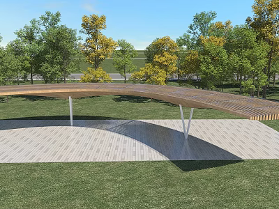 Modern Outdoor Wooden Pergola With Curved Roof Over Stone Paved Floor In Grass Field 3d model