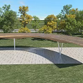Modern Outdoor Wooden Pergola With Curved Roof Over Stone Paved Floor In Grass Field