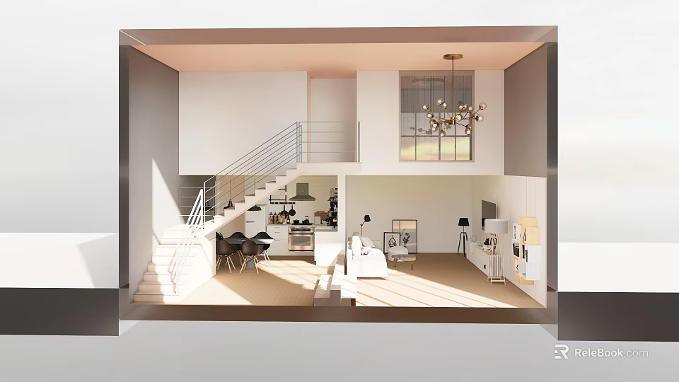 Bright Duplex Living Room Interior With Open Layout Staircase And Chandelier 3d model 