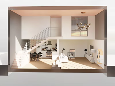 Bright Duplex Living Room Interior With Open Layout Staircase And Chandelier 3d model