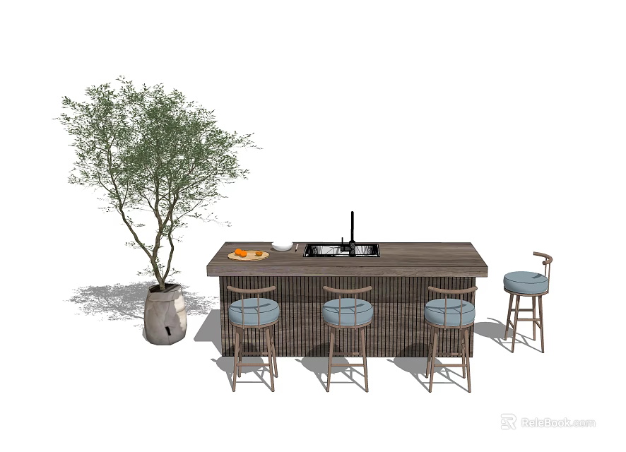 Modern Wooden Bar Counter With Stools Olive Plant And Fruit Plate 3d model 