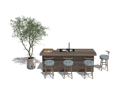 Modern Wooden Bar Counter With Stools Olive Plant And Fruit Plate 3d model
