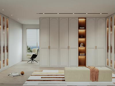 Elegant Modern Walk-in Closet Interior With White Cabinets Gold Handles And Built-in Shelves 3d model