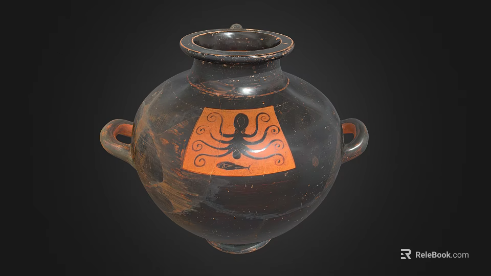 Black Body Pottery Jar Featuring Two Handles And Orange Panel With Octopus Carving 3d model