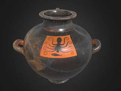 Black Body Pottery Jar Featuring Two Handles And Orange Panel With Octopus Carving 3d model