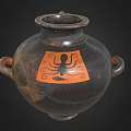 Black Body Pottery Jar Featuring Two Handles And Orange Panel With Octopus Carving 3d model