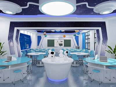 School Science Classroom With Starry Sky Theme Planet Decorations Blue Tables And Round Ceiling Lights 3d model