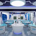 School Science Classroom With Starry Sky Theme Planet Decorations Blue Tables And Round Ceiling Lights 3d model