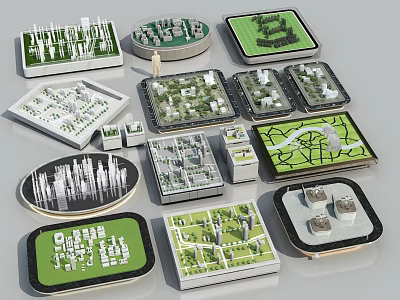 Various Shaped Urban Planning Models With Green Areas And White Structures 3d model