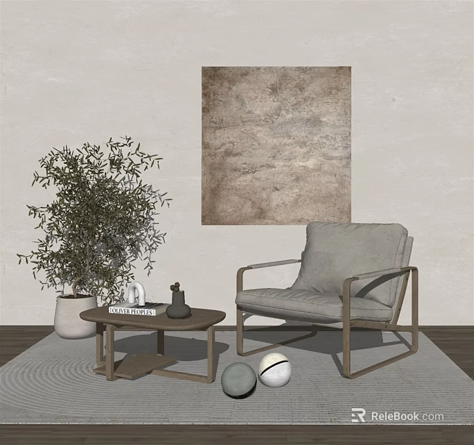 Gray Lounge Chair with Wooden Frame Coffee Table Potted Plant and Wall Art on Rug 3d model 