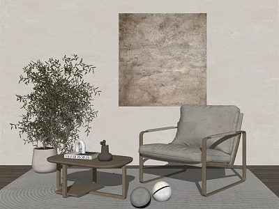 Gray Lounge Chair with Wooden Frame Coffee Table Potted Plant and Wall Art on Rug 3d model