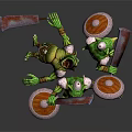 Green Creatures Wearing White Pointed Hats Wielding Large Blades And Shields In Battle Pose