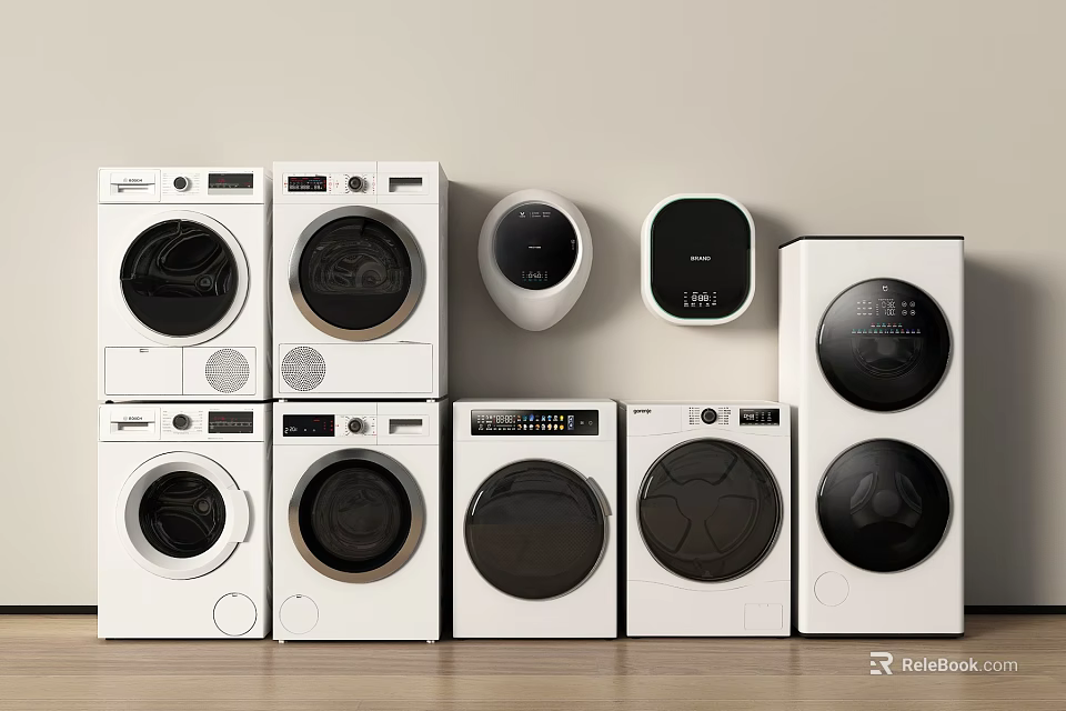 White Front Loading Washing Machines And Dryers In Various Styles With Smart Devices 3d model 